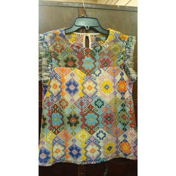 Eva Franco Tops - Eva Franco Embroidered Tiered Sleeve Colorful Blouse Top